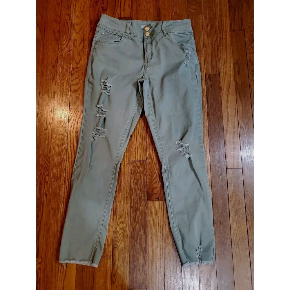 Refuge Sage Green Distressed Skinny Jeans Frayed Hem Cropped Size‎ 12 Stretch